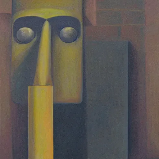 Image similar to brutalist giant sacred robot visage, portrait, cathedral, dystopian, pj crook, edward hopper, oil on canvas