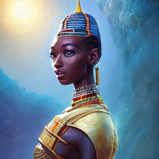 Prompt: highly detailed portrait of an african egyptian goddess achieving immortality, intricate alien technology, stephen bliss, unreal engine, fantasy art by greg rutkowski, loish, rhads, ferdinand knab, makoto shinkai and lois van baarle, ilya kuvshinov, rossdraws, tom bagshaw, global illumination, radiant light, detailed and intricate environment