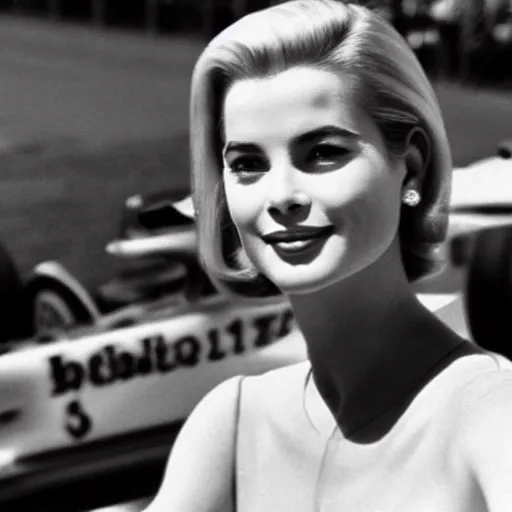 Image similar to selfie smartphone photo of a young Grace Kelly at the 2022 Monaco Gran Prix, F1 cars blurred in background, iphone photo, smartphone resolution, low resolution camera