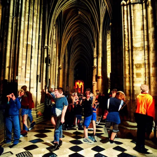 Prompt: 9 0 s rave inside exeter cathedral. colour flash photography