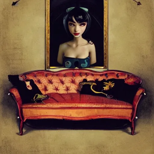 Prompt: lofi portrait on antique sofa, pixar style by Jonathan Yeo and Tom Bagshaw and Joe Fenton