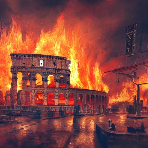 Image similar to Painting of the great fire of rome, abstract, realism, 8k, detailed, terror, octane render, 3d render, complex, emotion