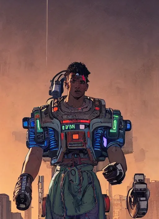 Prompt: hector. apex legends cyberpunk weight lifter with huge robot arms. concept art by james gurney and mœbius. gorgeous face, cinematic, dramatic lighting ( cyberpunk 2 0 7 7 ), clean aesthetic