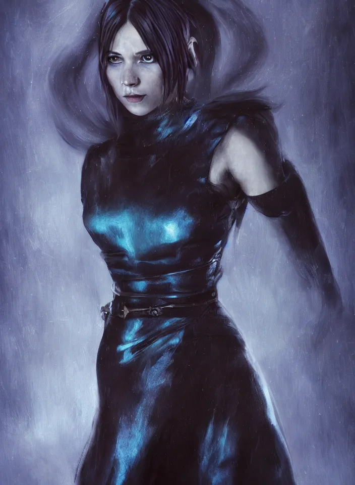 Image similar to a half portrait of a young sorceress wearing an azure leather dress from skyrim, platinum hair, fantasy setting, beautiful face, dark colors, scary lighting, atmospheric, cinematic, moody, in the style of diego koi, gina heyer, luiz escanuela, art by alyssa monk, hyperrealism, rule of thirds, golden ratio, oil on canvas, 8 k