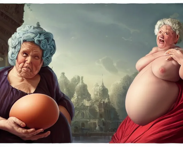 Image similar to of a very beautiful scene. ambient occlusion render. a sweet fat old woman is giving birth a beautiful colorful huge egg. hyper realistic. 4 k. wide angle. baroque style. symmetrical face, red mouth, blue eyes. deep focus, lovely scene. ambient occlusion render. concept art. unreal engine.