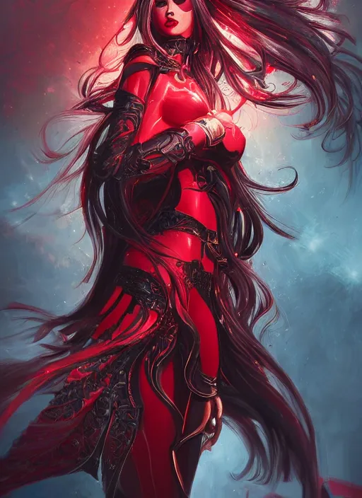 Image similar to a highly detailed illustration of elegant long black haired woman wearing red and black battle dress, heroically posing, with rainbow magic surrounding her, intricate, elegant, highly detailed, centered, digital painting, artstation, concept art, smooth, sharp focus, league of legends concept art, WLOP