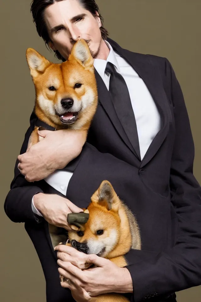 Image similar to a highly detailed portrait of a cleanly - shaven christian bale in a suit with slicked back hair, holding a shiba inu in his arms, hyperrealistic, highly detailed, 8 k, canon 2 4 mm f / 1. 4 lens,