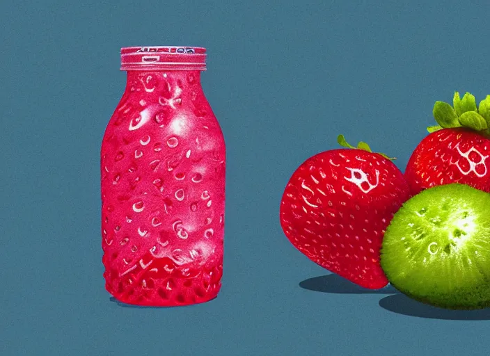 Prompt: ( ( dither ) ), editorial illustration strawberries blueberries sliced kiwi sliced lemon inside a clear drinking bottle, isometric, modern art deco, mads berg, karolis strautniekas, stippled light, fog, fine texture, dynamic composition, matte print, ( ( unreal engine ) )