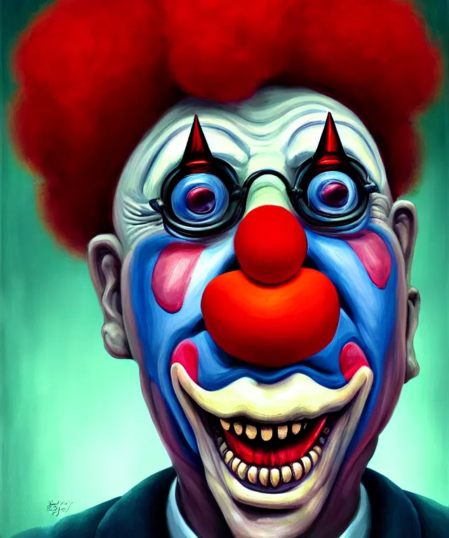 Image similar to a portrait painting of a clown, polycount, surrealism, surrealist, lovecraftian, cosmic horror, high detail