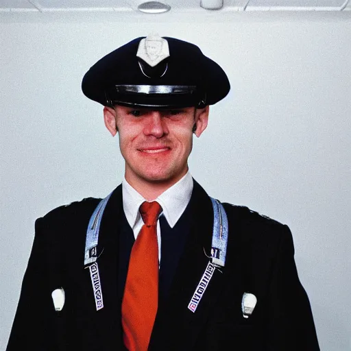 Prompt: photograph of a british man, with crooked teeth, and wide eyes, sneering at camera, 1980s, cop outfit, realistic W- 700 C- 15.0