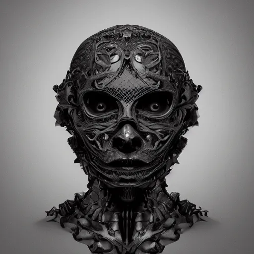Image similar to a face made of black cast iron. black background. gothic baroque. symmetry. epic. ominous shapes. hyper detailed. photoreal. octane render. trending on artstation.