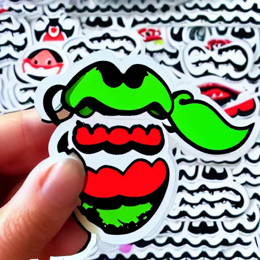 Image similar to die cut sticker, yoshi wearing mario's mustache, splatter paint