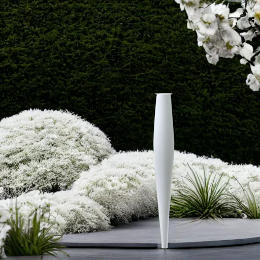 Image similar to perfume bottle in a white zen clean modern minimalist garden with cute flowers by peter tarka in an ivory room well contoured smooth fair walls, up close shot, sharp focus, zen, clean, modern minimalist, zaha hadid octane highly render, 4 k, ultra hd,