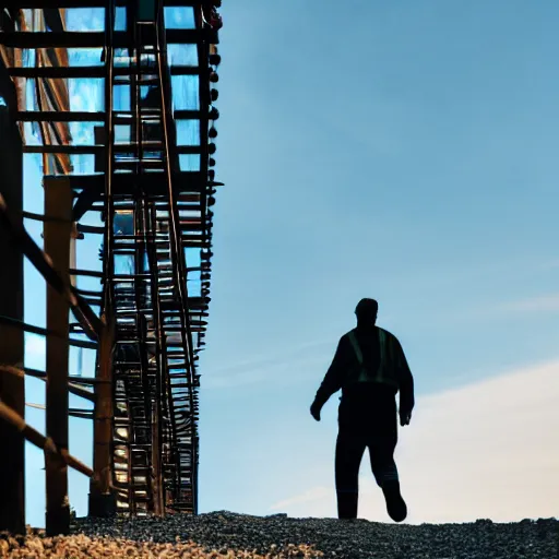 Prompt: photo of a man walking underneath a ladder