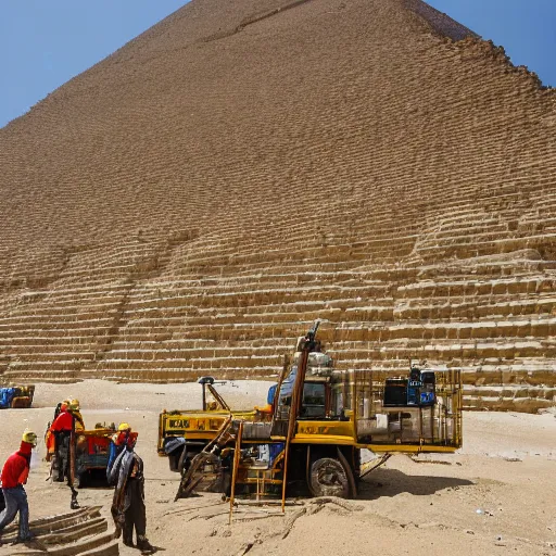 Prompt: a photograph of the great pyramid of giza at the early stages of construction with scaffolding and workers, dslr high resolution