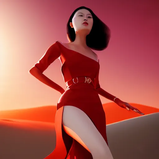 Prompt: innovative avant-garde art, deco fashion, asian women, wearing red, highly detailed, photorealistic portrait, serene desert setting, golden hour, crisp quality and light reflections, unreal engine 5 quality render