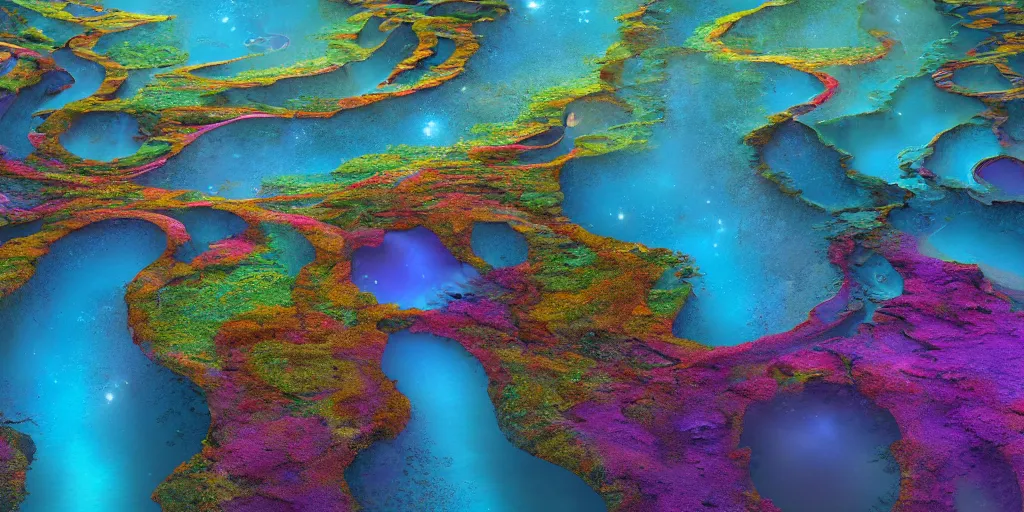 Prompt: digital illustration of the river tethys flowing through a vibrant alien landscape, art by Benoit B. Mandelbrot, Steven Belledin, Beeple, and Caspar David Friedrich, colorful alien flora, terraformed alien planet, wide angle, panoramic, fantasy, 8k resolution, deviantart, trending on Artstation, concept art, Terragen, HDR, Octane