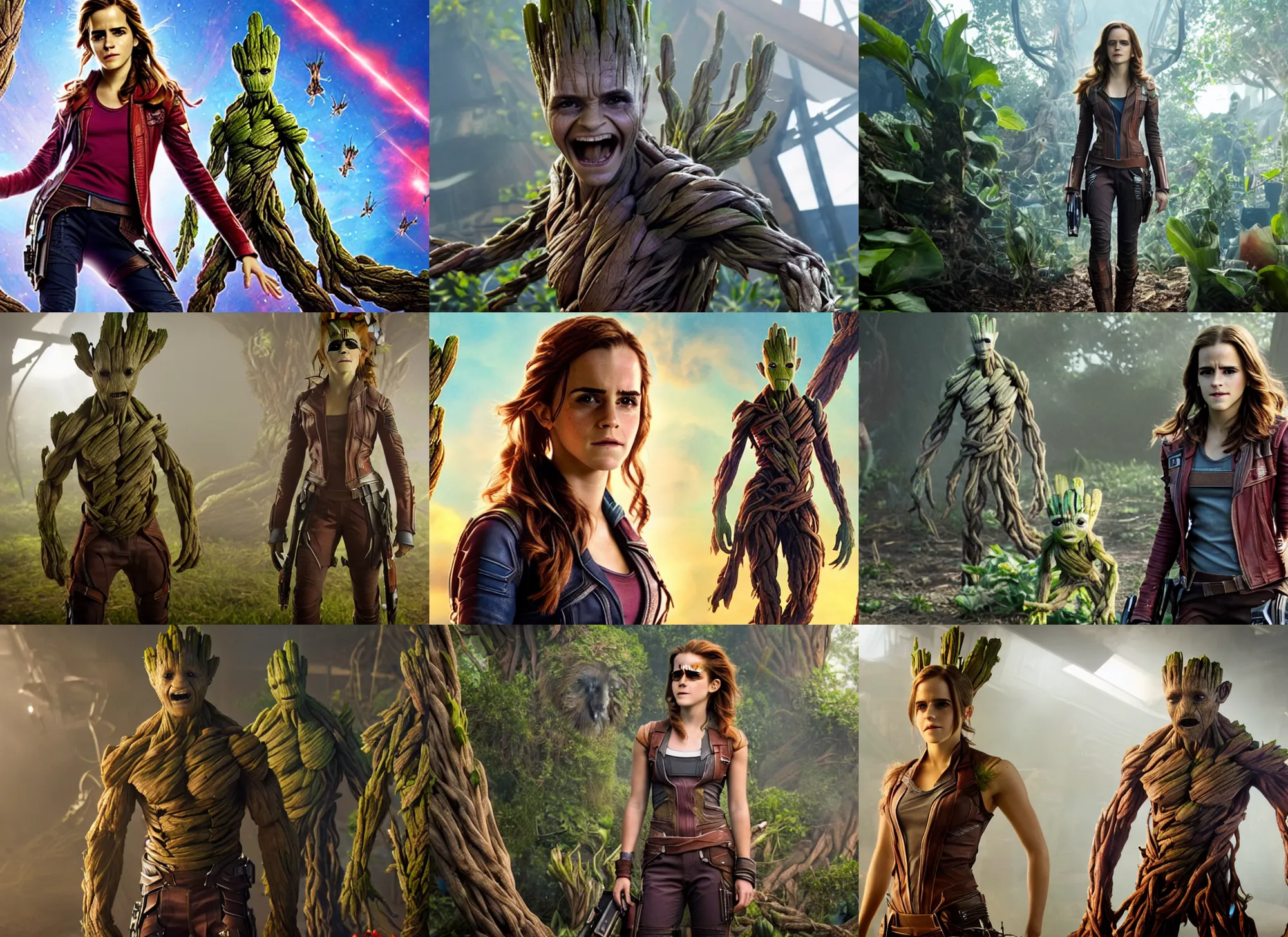 Prompt: film still of emma watson as groot in the new guardians of the galaxy movie, 4 k, highly detailed face, detailed eyes