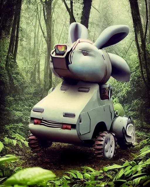 Image similar to epic chase!!!giant oversized battle rabbit robot chubby fat mech with big ears as battle mecha rabbit robot weapon fiat 126p , in jungle forest !!! , full body , Cinematic focus, Polaroid photo, vintage , neutral dull colors, foggy mist ,by oleg oprisco , by victor enrich , by gregory crewdson , by discovery channel