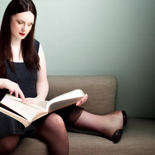Prompt: Scottish woman with dark hair and pale skin reading a book