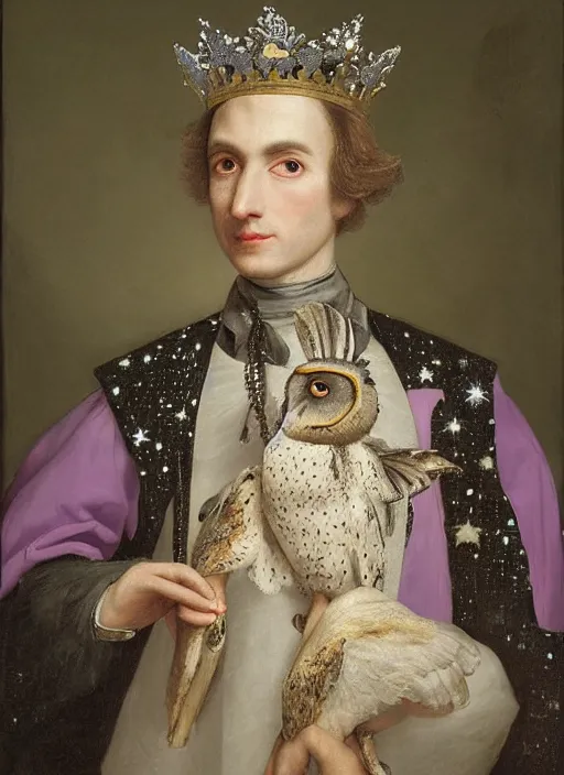 Image similar to close-up portrait of anthropomorphic owl Prince, man with a head of barn owl, glowing eyes, in a crown, wearing long royal robe, lilac, silver, black, bokeh, blurred space, stars, dreamy, romantic, painting in the museum, highly detailed, sharp focus, digital painting, artwork, by John James Audubon by Victor Adame Minguez by Yuumei by Tom Lovell by Sandro Botticelli