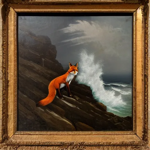 Image similar to anthro fox man in suit about to fall off cliff into scary stormy ocean, far shot, 19th century painting