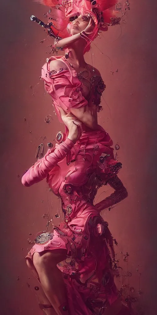 Image similar to a beautiful hyperrealistic portrait pose of a stunning Cyberpunk burlesque model in a pink-and-orange dress, intricate, elegant, highly detailed, smooth, sharp focus, award-winning, masterpiece, in the style of Tom Bagshaw, Cedric Peyravernay, Peter Mohrbacher