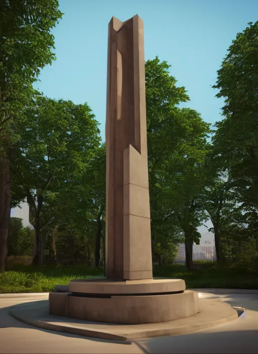 Image similar to highly detailed realistic architecture 3 d render of a futuristic stele monument in frank lloyd wright style standing in city park, archdaily, made in unreal engine 4 octane render