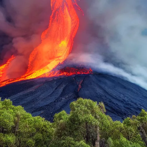 Prompt: mountain on fire surrounded by lava with trees and shrubs burning