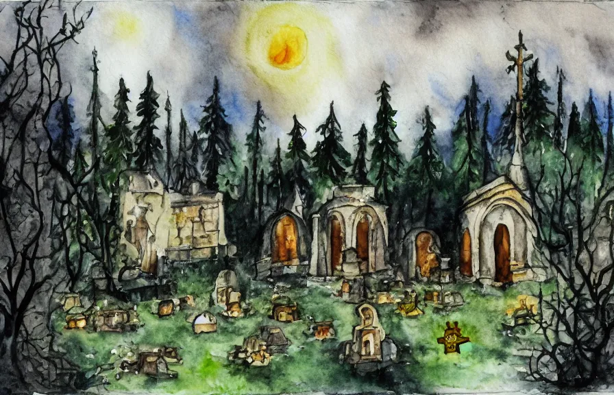 Prompt: monastery in a dark and gloomy forest with a graveyard and epitaph, rainy and stormy sky, watercolor painting