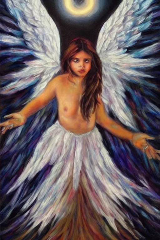 Prompt: A beautiful painting with white wings on the left and black angels on the right wing with halos on the top of the head