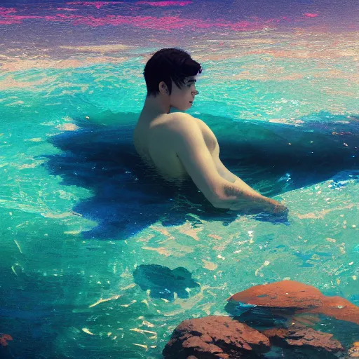 Prompt: high angle picture of a gorgeous man relaxing in crystal waters, extremely beautiful and aesthetic and detailed, with familiar sprites, vivid caustics, chiaroscuro, intricate, masterpiece, fantasy illustrations by ilya kuvshinov and jeremy lipking and quentin mabille