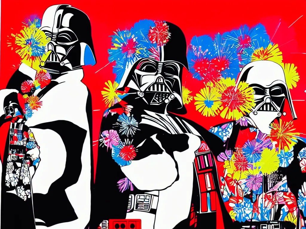 Prompt: hyperrealistic composition, in the middle the woman in a japanese kimono, behind her stands the darth vader, in front of her a table from the casino, in the background is ( ( mount fuji ) ) and fireworks, pop - art style, jacky tsai style, andy warhol style, acrylic on canvas