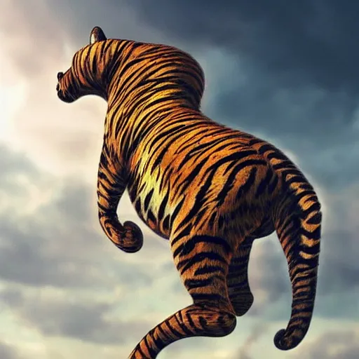 Image similar to tiger horse hybrid floating in the calm sky, trending in artstation, digital art, wow, stunning, high quality, 1 6 k, intrincate, very detailed, velvet fur