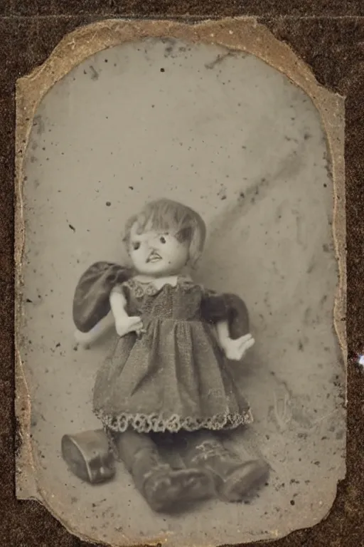 Prompt: dirty cracked crying vintage doll sitting in dirt basement cobwebs tintype photo