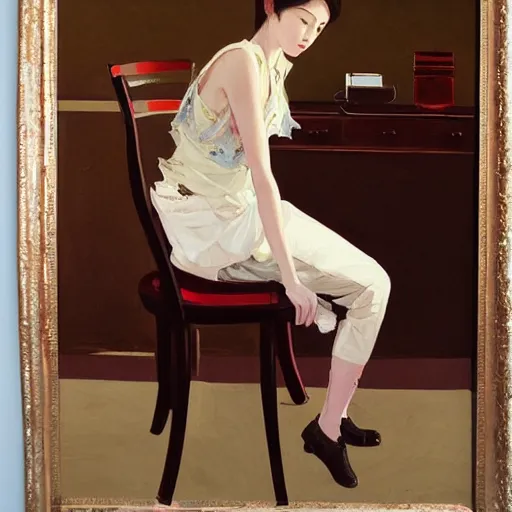 Image similar to oil painting by wlop, conrad roset, coby whitmore, of a youthful japanese beauty sitting on antique chair leaning against a desk, sideview, victorian room