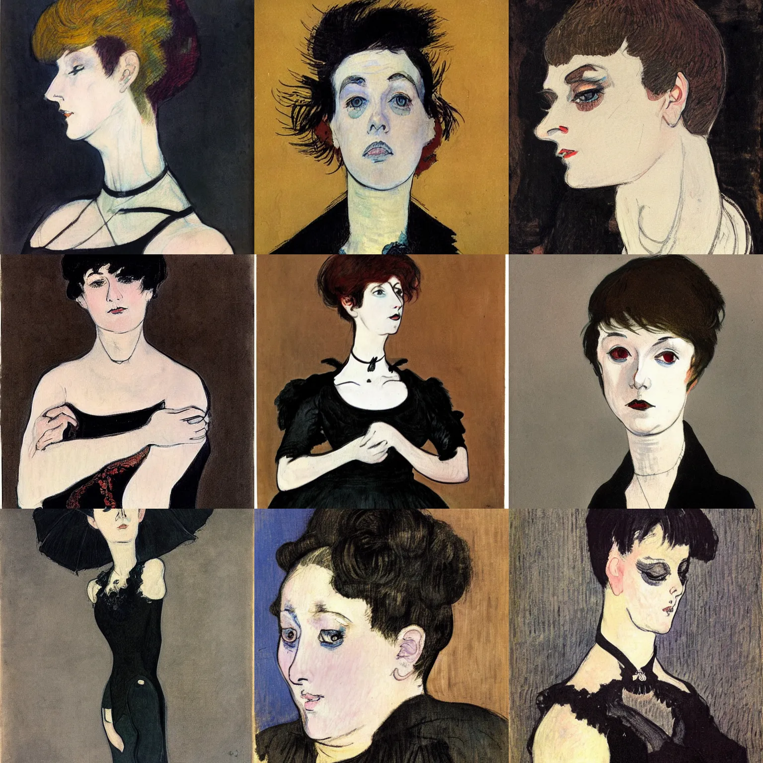 Prompt: A goth painted by Henri de Toulouse-Lautrec. Her hair is dark brown and cut into a short, messy pixie cut. She has a slightly rounded face, with a pointed chin, large entirely-black eyes, and a small nose. She is wearing a black tank top, a black leather jacket, a black knee-length skirt, a black choker, and black leather boots.