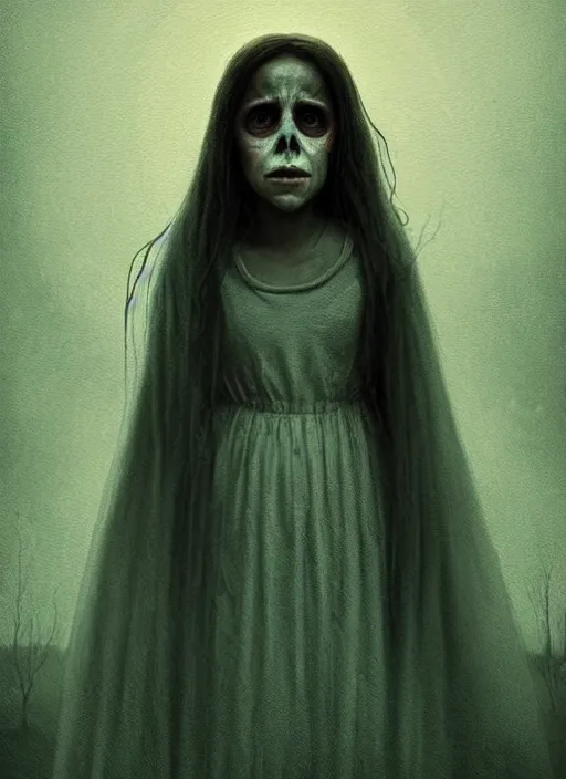 Image similar to portrait of la llorona from the curse of la llorona, desaturated colors, horror lighting, digital art, winning award masterpiece, fantastically eerie, illustration, upscale with simon stalenhag work, trending on artstation, art by wlop and alex ross