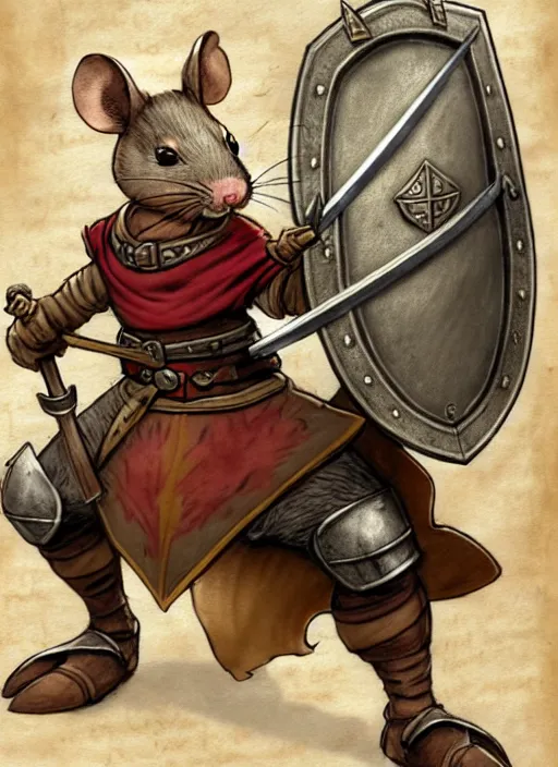 Image similar to a heroic mouse knight with sword and shield on a parchment background, redwall, greg rutowski and jean baptiste monge, detailed, epic fantasy concept art