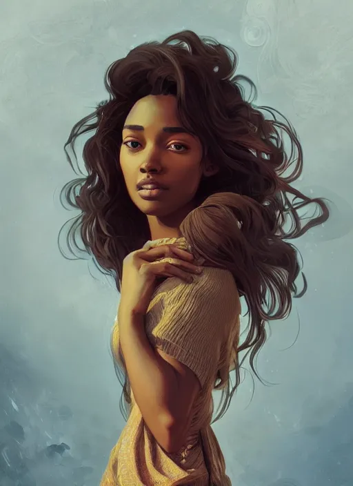 Image similar to handsome young black women with shoulder length brown hair, half body shot, path traced, highly detailed, high quality, digital painting, alena aenami, lilia alvarado, shinji aramaki, karol bak, alphonse mucha, tom bagshaw