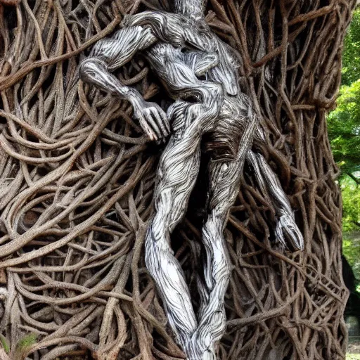 Image similar to a human man statue stuck in a cosmic tree, a sense of awe, amazement, monogon, plasma display, wooden, silver, mercury, damascus, armature wire, multiscopy, morph, in a symbolic and meaningful style, insanely detailed and intricate, hypermaximalist, elegant, ornate, hyper realistic, super detailed,