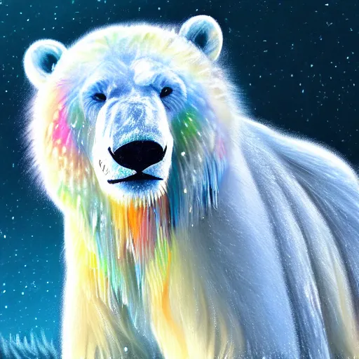 Image similar to cute fluffy polar bear with long colorful flowing lion mane with mohawk hairstyle hybrid animal detailed painting 4 k