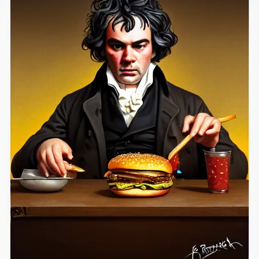 Prompt: portrait of beethoven eating hamburgers, extra onions and ketchup, luscious patty with sesame seeds, feminine ethereal, handsome, d & d, fantasy, intricate, elegant, highly detailed, digital painting, artstation, concept art, matte, sharp focus, illustration, art by artgerm and greg rutkowski and alphonse mucha