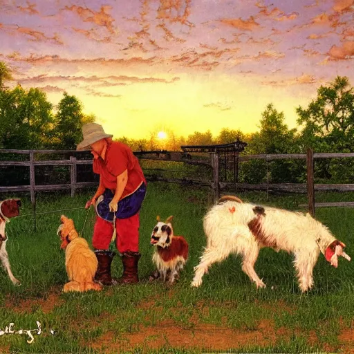 Image similar to feeding the farm dogs at sunrise, 4 k, by bob ross and norman rockwell