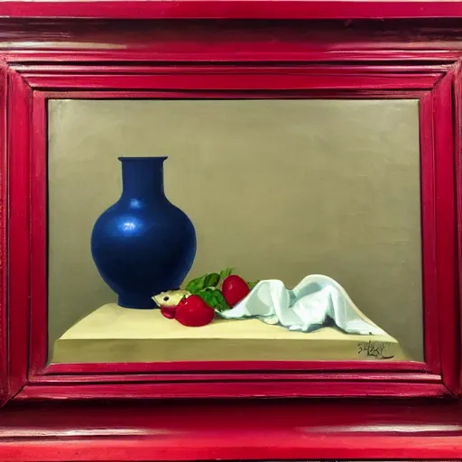 Image similar to a monochromatic nature morte painting in a bright red frame