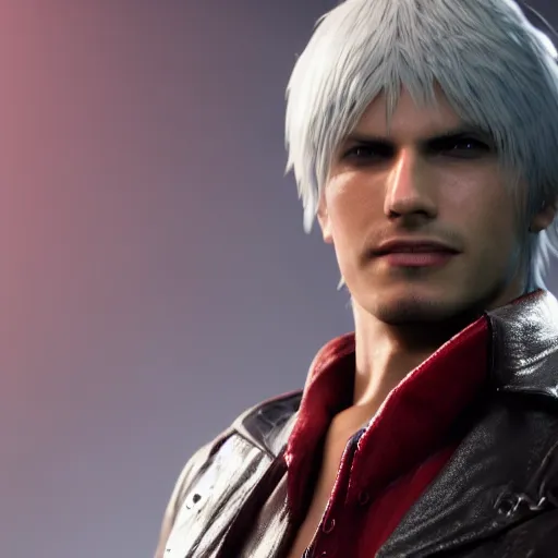 Image similar to dante from devil may cry, smiling, octane render, highly detailed, 8k, trending on social media, high quality, volumetric lighting, portrait,