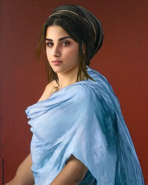 Image similar to a highly realistic, true to life portrait of a beautiful young middle eastern girl, sharp focus, from the waist up, with sharp features, a beautiful face, soft smile, under studio lighting, taken with a canon eos camera with 1 3 5 mm focal length, art by artgerm and greg rutkowski and alphonse mucha