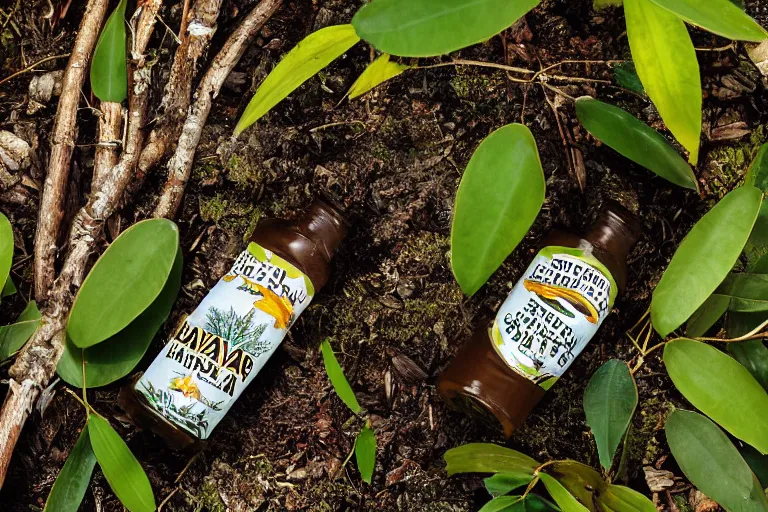 Prompt: product shot glass bottle guayaki yerba mate in tropical jungle by emmanuel lubezki