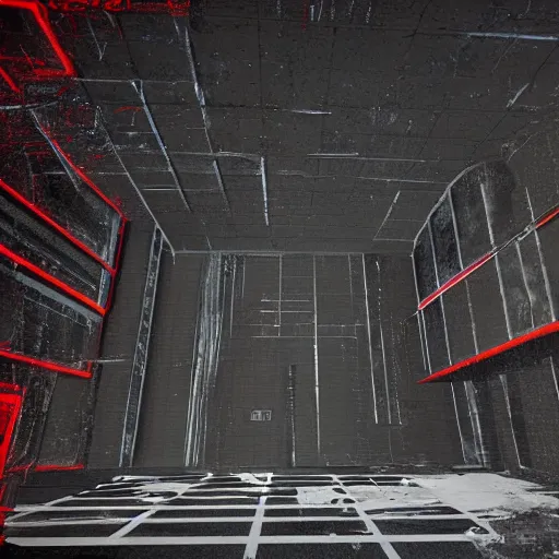 Image similar to cctv of an extremely dark empty abandoned building with glowing humanoid cryptid made out of television static, dark deep black shadows, red and black color contrast in the style of trevor henderson, liminal space, 3 d render, glitch effect