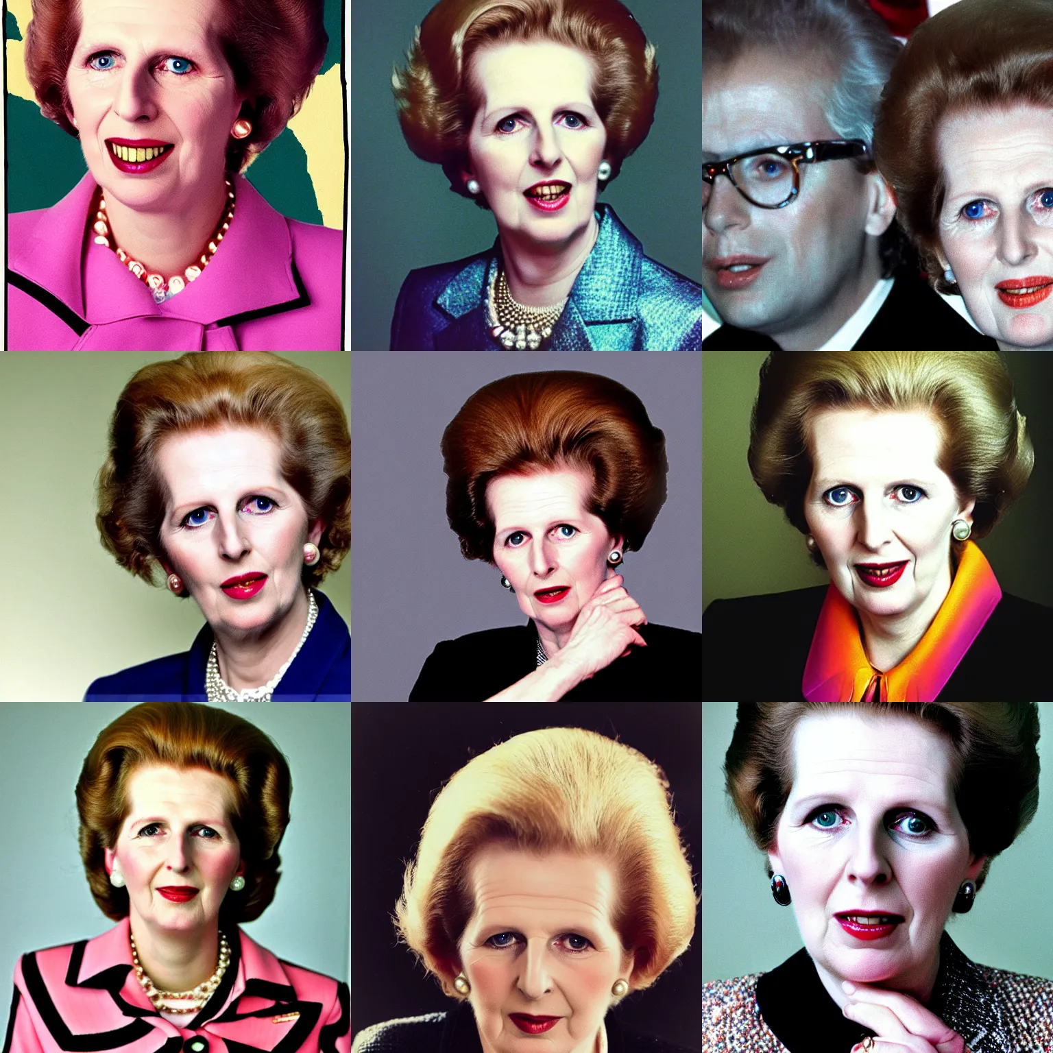 Prompt: margaret thatcher album cover, 1 9 8 8, gaudy 8 0 s makeup, mall bangs